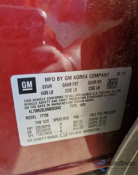 2022 Chevrolet Trailblazer Rs z USA, uszkodzony, nr VIN KL79MUSL9NB055940